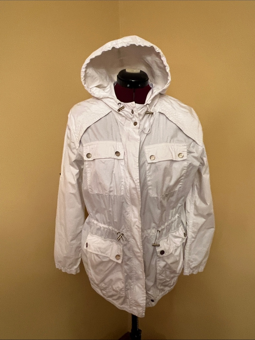 Michael Kors White Hooded Anorak Jacket Drawcord Waist Medium rolltab sleeves